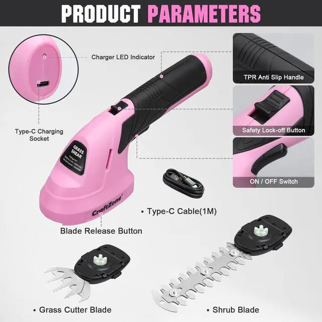 Alt view image 5 of 7 - 2-in-1 Cordless Grass Shear and Hedge Trimmer - Pink, 8V Handheld Electric Shrub Trimmer/Grass Cutter with Rechargeable Lithium-Ion Battery and Type-C Charging Cable