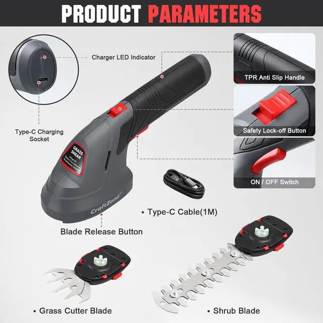 Alt view image 5 of 7 - Cordless Grass Shear & Hedge Trimmer, 2 in 1 Handheld Bush Trimmer, 8V Electric Shrub Trimmer/Grass Cutter with Type-C Cable and Rechargeable Lithium-Ion Battery