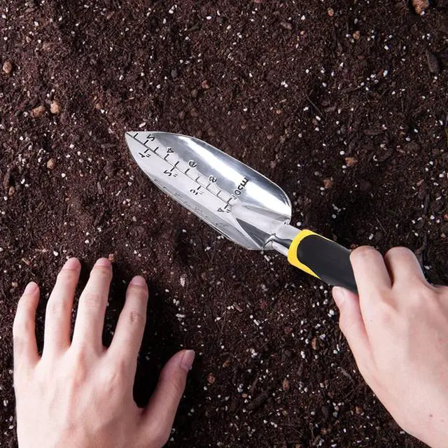 Alt view image 5 of 7 - Garden Trowel Hand Shovel for Gardening, Small Garden Spade with Scale | Gardening Gifts Hand Trowel with Soft Rubberized Non-Slip Ergonomic Handle for Planting Transplanting, Weeding, Moving