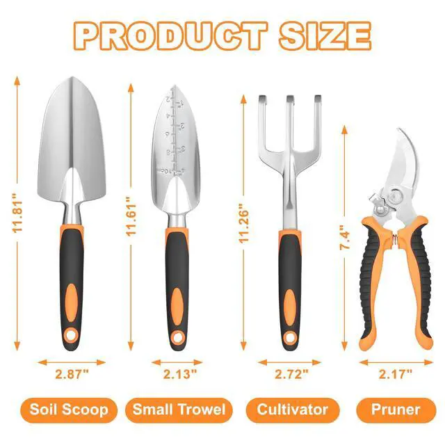 Alt view image 2 of 7 - Garden Tool Set, 4Pcs Aluminum Heavy Duty Gardening Tool Set, Include Shovel, Transplant Trowel, Hand Cultivator and Shear with Rubberiz NonSlip Ergonomic Handle, Gardening Kit for Women Men
