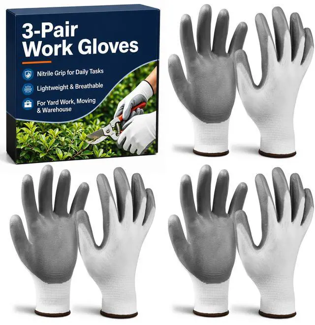 Main image of Work Gloves, Nitrile-Coated Grip for Yard Work & Moving, Large | Micro-Foam Coating, Non-Slip Grip, Breathable 13-Gauge Knit, Flexible Fit, Garage & DIY Tasks, 3 Pairs, Rotation & Backup