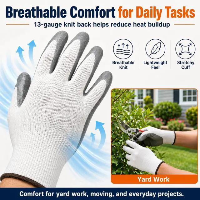 Alt view image 3 of 7 - Work Gloves, Nitrile-Coated Grip for Yard Work & Moving, Large | Micro-Foam Coating, Non-Slip Grip, Breathable 13-Gauge Knit, Flexible Fit, Garage & DIY Tasks, 3 Pairs, Rotation & Backup