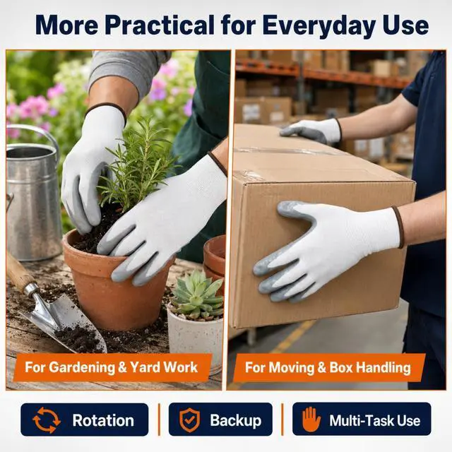 Alt view image 7 of 7 - Work Gloves, Nitrile-Coated Grip for Yard Work & Moving, Large | Micro-Foam Coating, Non-Slip Grip, Breathable 13-Gauge Knit, Flexible Fit, Garage & DIY Tasks, 3 Pairs, Rotation & Backup