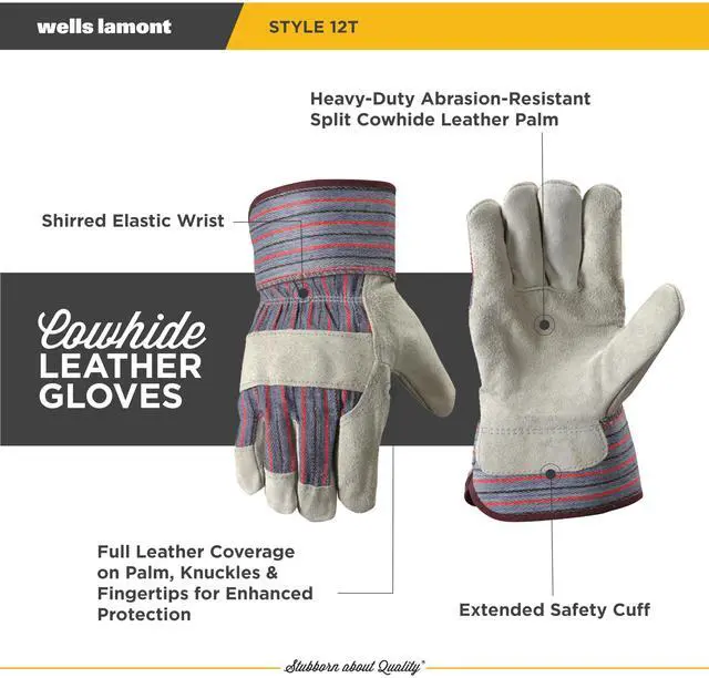 Alt view image 3 of 6 - Men's Safety Cuff Work Gloves, Split Cowhide Leather, Large