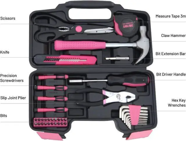 Alt view image 2 of 6 - 39-Piece Household Tool Kit Pink Hand Kits with Storage Case | Portable Toolbox Ideal for Home Repair, College dorm, DIY projects, Furniture Setup, crafting and Daily Household Fixes...