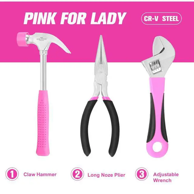 Alt view image 2 of 7 - 89 Piece Pink Tool kit, Ladies Hand Tool Set with Easy Carrying Round Pouch Household Tool Kit Perfect for DIY, Home Maintenance and Dorm Repair