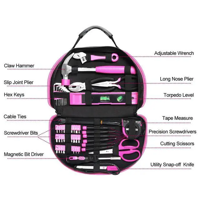 Alt view image 5 of 7 - 89 Piece Pink Tool kit, Ladies Hand Tool Set with Easy Carrying Round Pouch Household Tool Kit Perfect for DIY, Home Maintenance and Dorm Repair