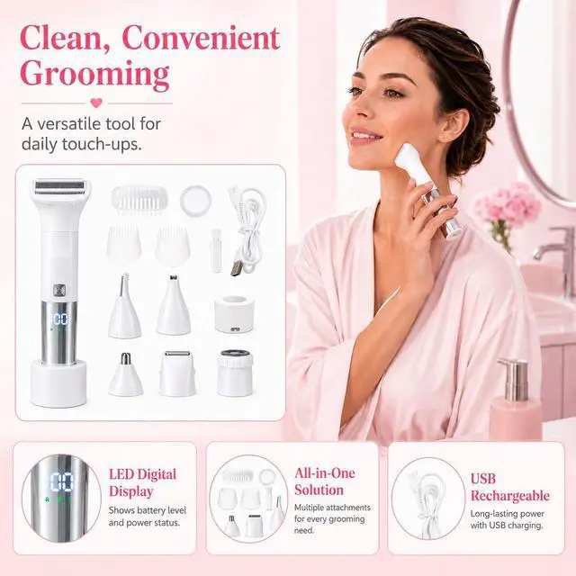 Alt view image 5 of 7 - 6-in-1 Epilator for Women Rechargeable Cordless Bikini Trimmer and Body Hair Removal Device for Legs, Arms, Underarms, Face and Sensitive Areas