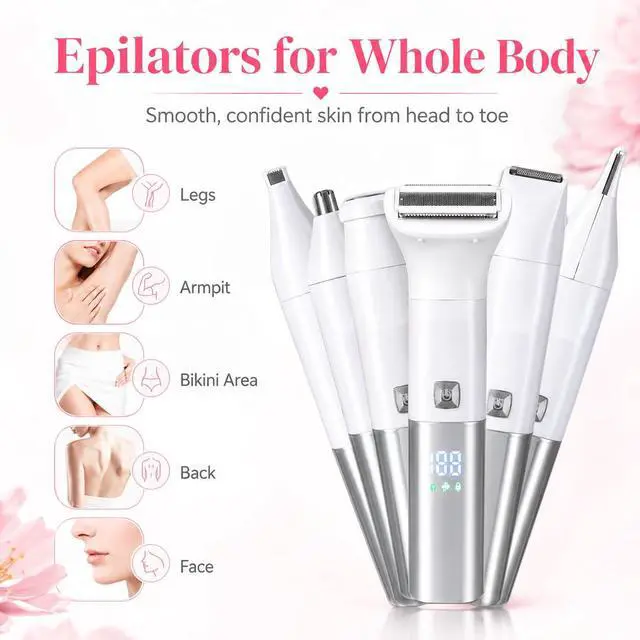 Alt view image 6 of 7 - 6-in-1 Epilator for Women Rechargeable Cordless Bikini Trimmer and Body Hair Removal Device for Legs, Arms, Underarms, Face and Sensitive Areas