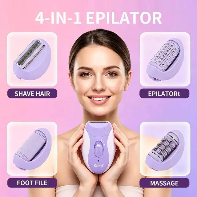 Alt view image 3 of 7 - 4-in-1 Women's Epilator Hair Remover for Face Legs Arms km-6037 | Women's Shaver & Hair Remover for Face, Legs, Arms, Body, Bikini; 2 Speeds, USB Charging, 90 min