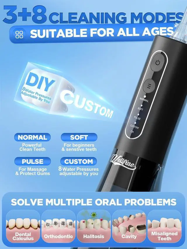 Alt view image 3 of 6 - Water Dental Flosser Teeth Pick: Portable Cordless 4 Modes Flossers Pic 300ML Rechargeable Floss Pik Powerful IPX7 Waterproof Oral Irrigator for Cleaning Gum Care Braces for Home Travel