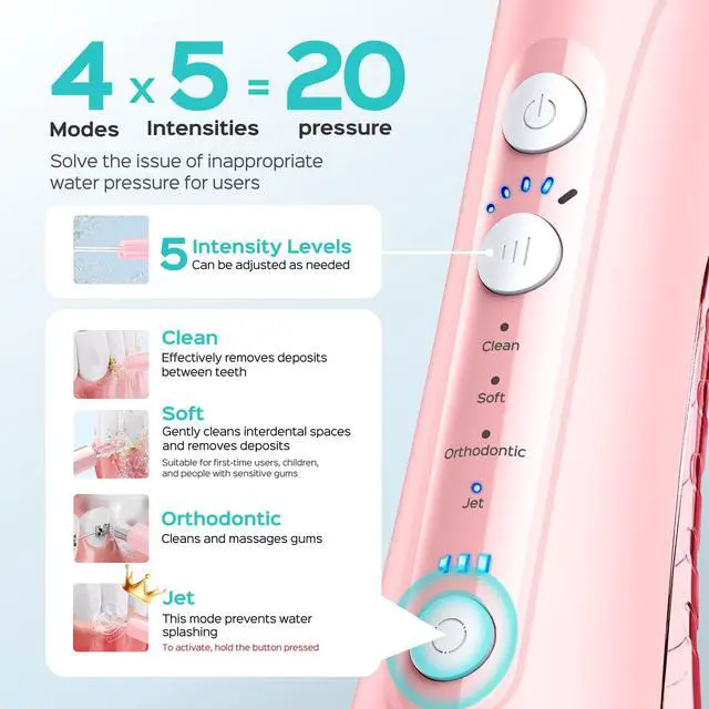 Alt view image 5 of 7 - ADA Accepted C50 Water Dental Flosser, 4 Modes 5 Intensity Levels | Professional Water Teeth Pick for Braces, Orthodontics & Sensitive Gums, Compact Cordless for Family Home Travel,Pink