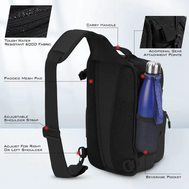 Alt view image 5 of 6 - BlowBak Fishing Sling Bag With Rod Holder,Gear Storage,Black | Fishing Bag Storge Fishing Gear, Gift for Men, Molle System, Water-Resistant Material