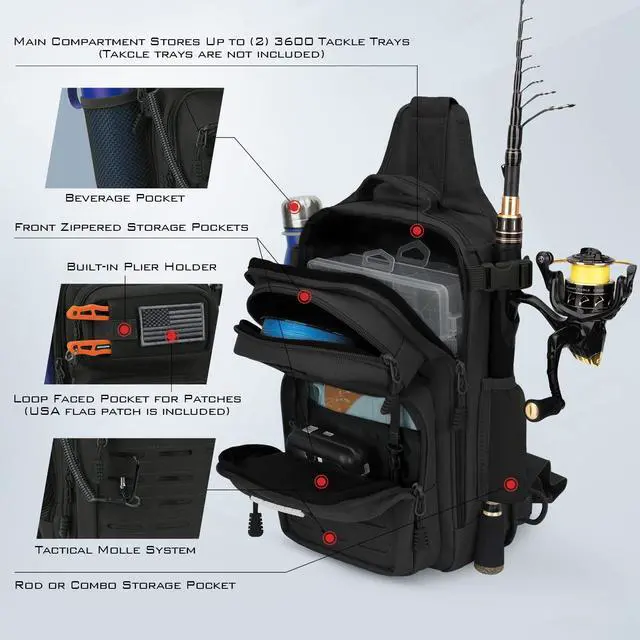 Alt view image 4 of 6 - BlowBak Fishing Sling Bag With Rod Holder,Gear Storage,Black | Fishing Bag Storge Fishing Gear, Gift for Men, Molle System, Water-Resistant Material