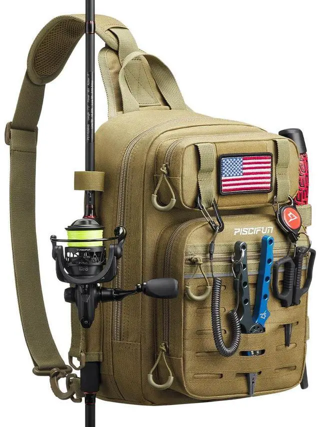 Main image of Fishing Backpack Tackle Bag, MOLLE & 2 Rod Holders, Multi Storage | Water-Resistant Lightweight Outdoor Pack, fits 3×3600 boxes, reinforced stitching
