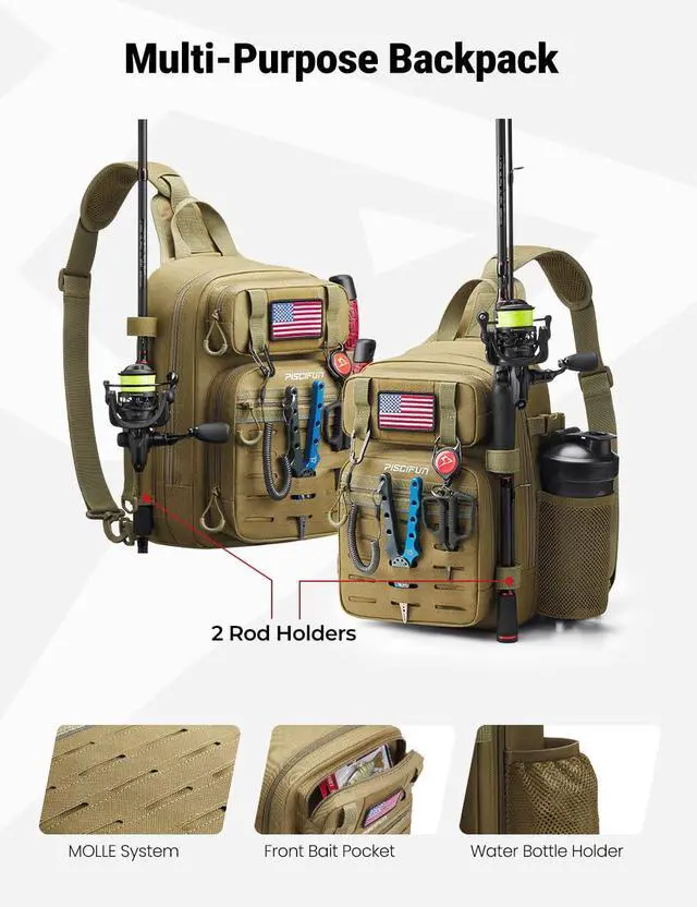Alt view image 4 of 7 - Fishing Backpack Tackle Bag, MOLLE & 2 Rod Holders, Multi Storage | Water-Resistant Lightweight Outdoor Pack, fits 3×3600 boxes, reinforced stitching
