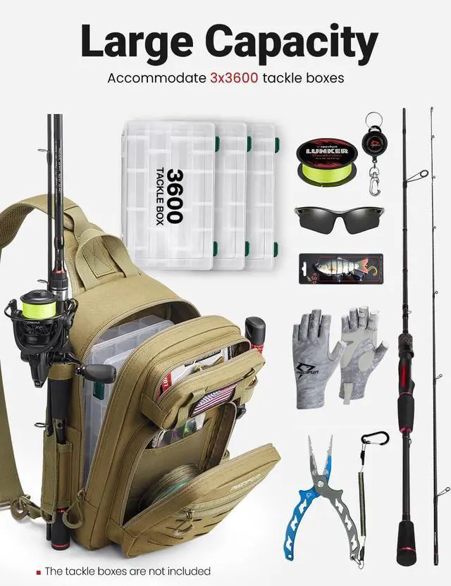 Alt view image 7 of 7 - Fishing Backpack Tackle Bag, MOLLE & 2 Rod Holders, Multi Storage | Water-Resistant Lightweight Outdoor Pack, fits 3×3600 boxes, reinforced stitching