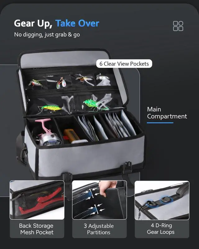 Alt view image 5 of 7 - Soft Plastic Bait Storage Tackle Bag with 20 Clear Bait Pouches | 20L Capacity, 900D Oxford Fabric, Water-Resistant, Fits 3 3600-Size Tackle Boxes or 60+ Bait Bags, with Adjustable Dividers