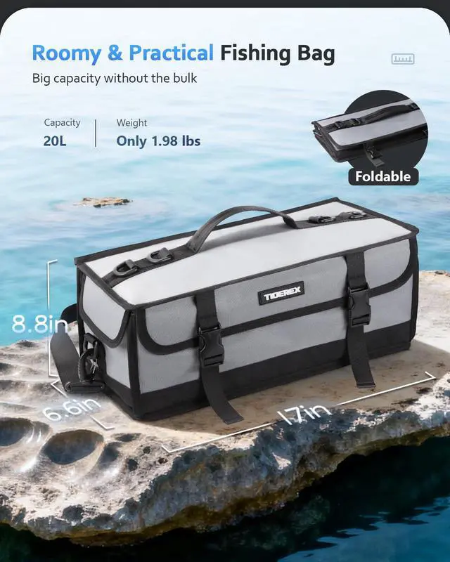 Alt view image 7 of 7 - Soft Plastic Bait Storage Tackle Bag with 20 Clear Bait Pouches | 20L Capacity, 900D Oxford Fabric, Water-Resistant, Fits 3 3600-Size Tackle Boxes or 60+ Bait Bags, with Adjustable Dividers
