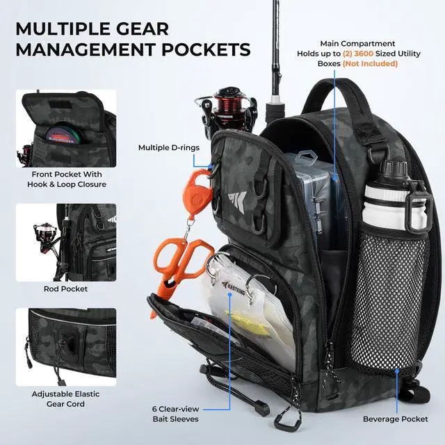 Alt view image 3 of 7 - BaitSpace Fishing Sling Bag with Rod Holder, Black Camo | Water-Resistant Tackle Storage with Soft Bait Binder, Adjustable Tackle Bag for Bank, Wading & Boat Fishing