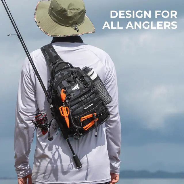 Alt view image 2 of 7 - BaitSpace Fishing Sling Bag with Rod Holder, Black Camo | Water-Resistant Tackle Storage with Soft Bait Binder, Adjustable Tackle Bag for Bank, Wading & Boat Fishing
