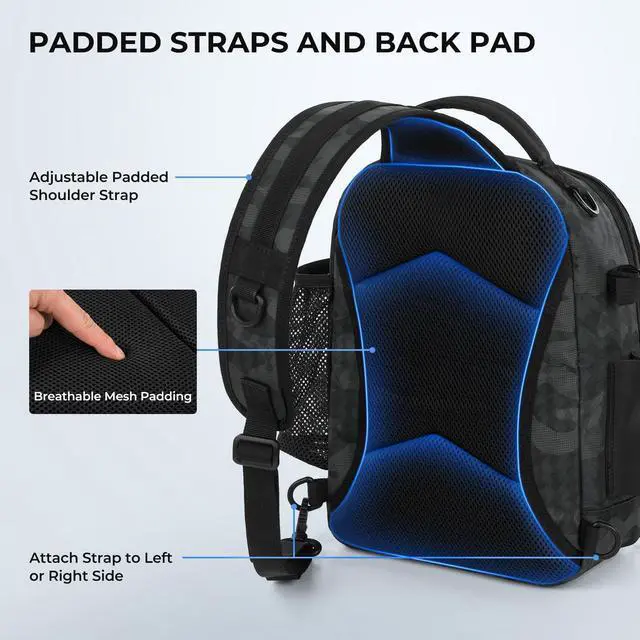 Alt view image 6 of 7 - BaitSpace Fishing Sling Bag with Rod Holder, Black Camo | Water-Resistant Tackle Storage with Soft Bait Binder, Adjustable Tackle Bag for Bank, Wading & Boat Fishing