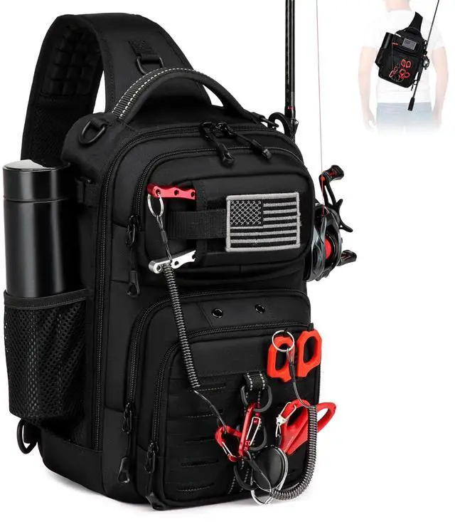 Main image of Fishing Sling Bag, Fishing Bag With Rod Holder Fixed Stickers, MOLLE System, Soft Bait & Gear Storage, Gift for Men Black