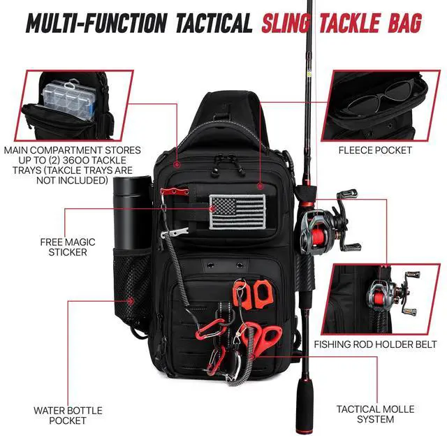 Alt view image 2 of 6 - Fishing Sling Bag, Fishing Bag With Rod Holder Fixed Stickers, MOLLE System, Soft Bait & Gear Storage, Gift for Men Black