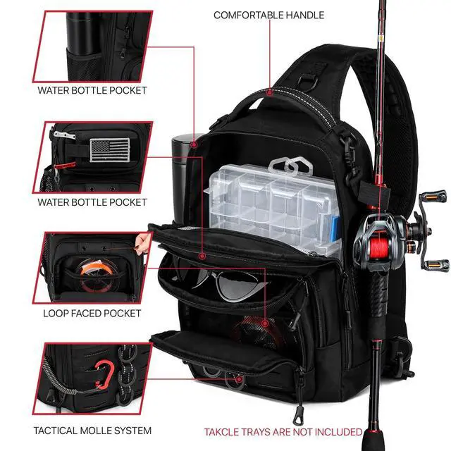 Alt view image 3 of 6 - Fishing Sling Bag, Fishing Bag With Rod Holder Fixed Stickers, MOLLE System, Soft Bait & Gear Storage, Gift for Men Black