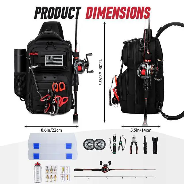 Alt view image 5 of 6 - Fishing Sling Bag, Fishing Bag With Rod Holder Fixed Stickers, MOLLE System, Soft Bait & Gear Storage, Gift for Men Black