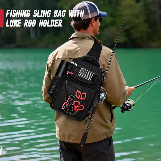 Alt view image 6 of 6 - Fishing Sling Bag, Fishing Bag With Rod Holder Fixed Stickers, MOLLE System, Soft Bait & Gear Storage, Gift for Men Black