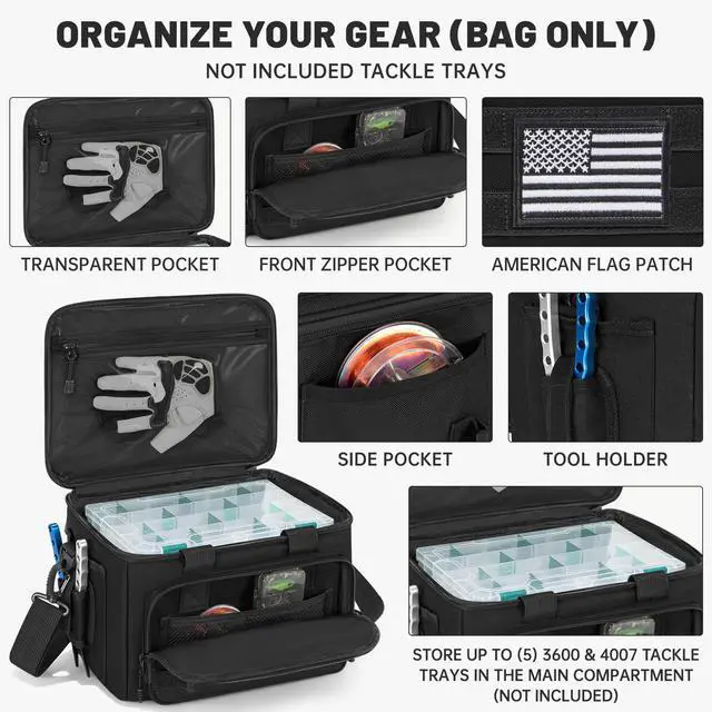 Alt view image 2 of 7 - Fishing Tackle Bag Empty, Fits 3400-3600 & 4007 Lure Boxes | Water Resistant Fishing Gear Storage Bag, Portable Padded Shoulder Strap Bag for Saltwater Freshwater, Black