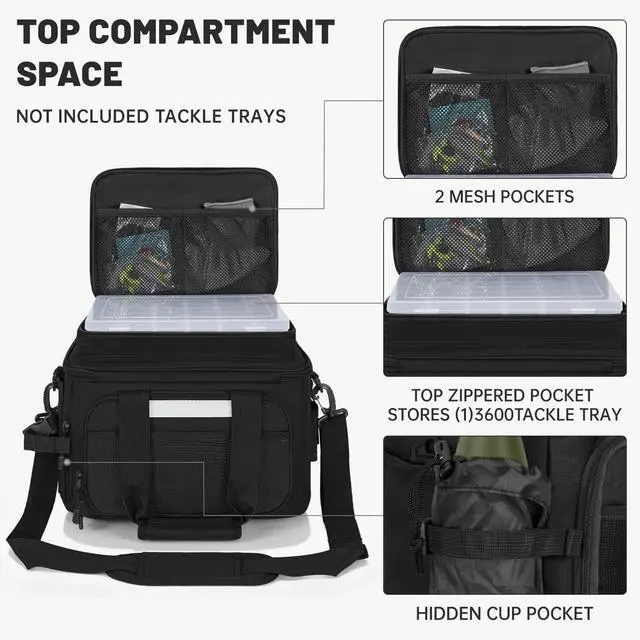 Alt view image 3 of 7 - Fishing Tackle Bag Empty, Fits 3400-3600 & 4007 Lure Boxes | Water Resistant Fishing Gear Storage Bag, Portable Padded Shoulder Strap Bag for Saltwater Freshwater, Black