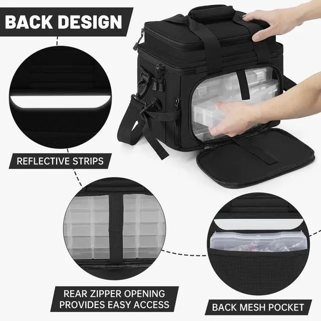 Alt view image 4 of 7 - Fishing Tackle Bag Empty, Fits 3400-3600 & 4007 Lure Boxes | Water Resistant Fishing Gear Storage Bag, Portable Padded Shoulder Strap Bag for Saltwater Freshwater, Black