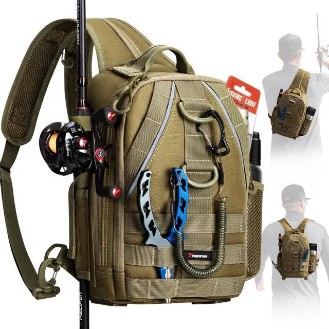 Main image of Fishing Backpack, Rod Holders, Lightweight Sling Bag, Khaki | Fits 2x3600 trays, bottle pocket, MOLLE loops, 4-way carry for short bank fishing trips