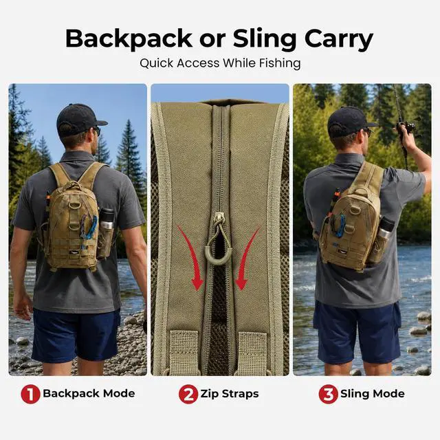 Alt view image 3 of 7 - Fishing Backpack, Rod Holders, Lightweight Sling Bag, Khaki | Fits 2x3600 trays, bottle pocket, MOLLE loops, 4-way carry for short bank fishing trips