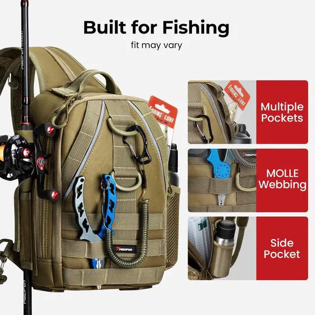 Alt view image 4 of 7 - Fishing Backpack, Rod Holders, Lightweight Sling Bag, Khaki | Fits 2x3600 trays, bottle pocket, MOLLE loops, 4-way carry for short bank fishing trips