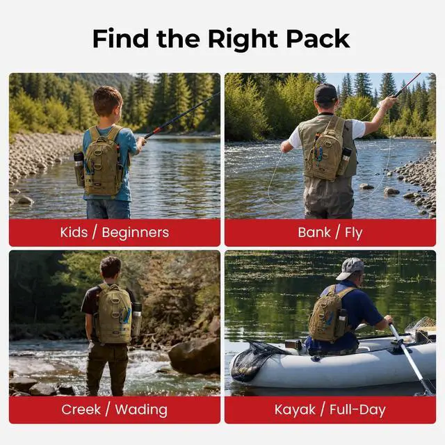 Alt view image 6 of 7 - Fishing Backpack, Rod Holders, Lightweight Sling Bag, Khaki | Fits 2x3600 trays, bottle pocket, MOLLE loops, 4-way carry for short bank fishing trips