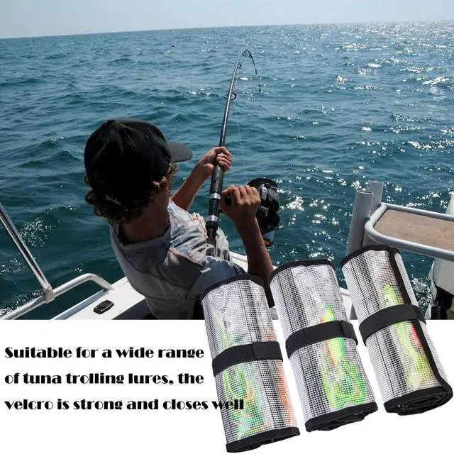 Alt view image 7 of 7 - Roll Up Fishing Lure Wraps Set-25" X 9" Durable Lure Bag 6 Pocket PVC Protective Cover Saltwater Hook Covers Fabric Lure Protector Trolling Lure Tackle Box Large 1 PC