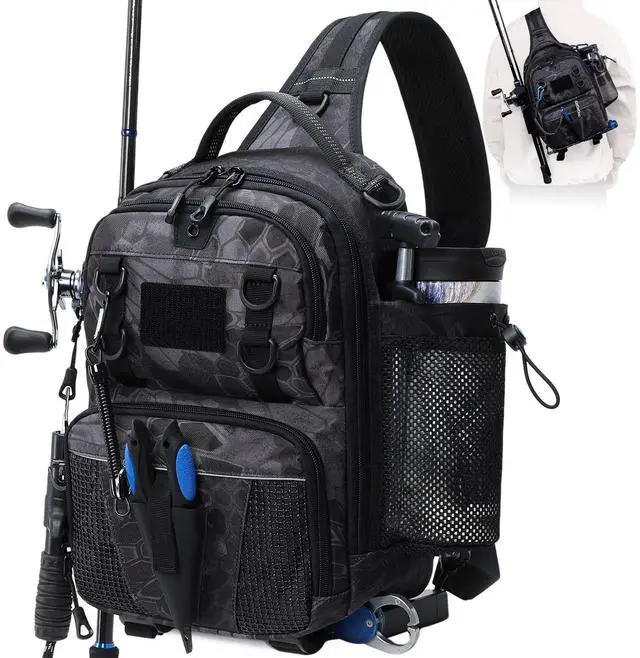 Main image of Fishing Sling Bag, Small Fishing Tackle Bag with Rod Holder | Water-resistant & Convertible Tackle Shoulder Bag for Fishing Gear,DIY Fishing Bag with Trap Pocket & Rod Holder, Black Camo