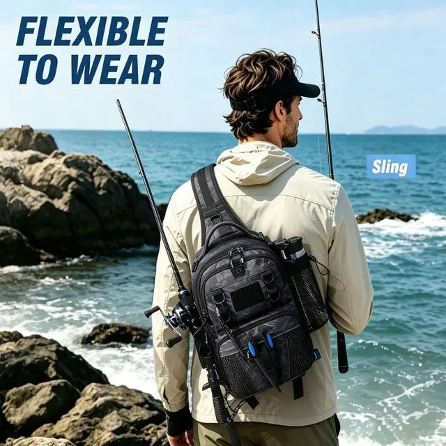 Alt view image 2 of 6 - Fishing Sling Bag, Small Fishing Tackle Bag with Rod Holder | Water-resistant & Convertible Tackle Shoulder Bag for Fishing Gear,DIY Fishing Bag with Trap Pocket & Rod Holder, Black Camo