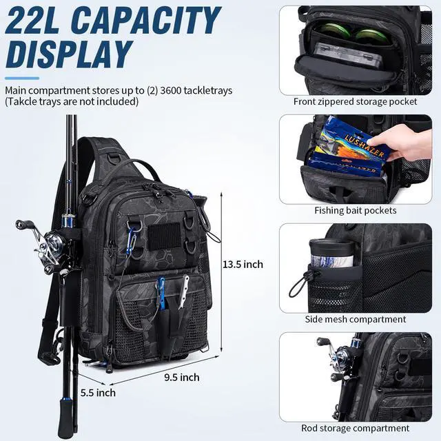 Alt view image 3 of 6 - Fishing Sling Bag, Small Fishing Tackle Bag with Rod Holder | Water-resistant & Convertible Tackle Shoulder Bag for Fishing Gear,DIY Fishing Bag with Trap Pocket & Rod Holder, Black Camo