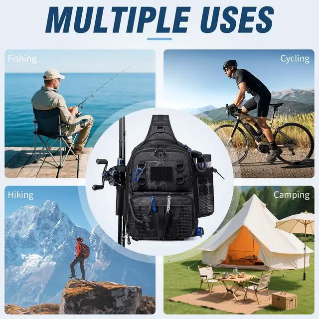Alt view image 6 of 6 - Fishing Sling Bag, Small Fishing Tackle Bag with Rod Holder | Water-resistant & Convertible Tackle Shoulder Bag for Fishing Gear,DIY Fishing Bag with Trap Pocket & Rod Holder, Black Camo