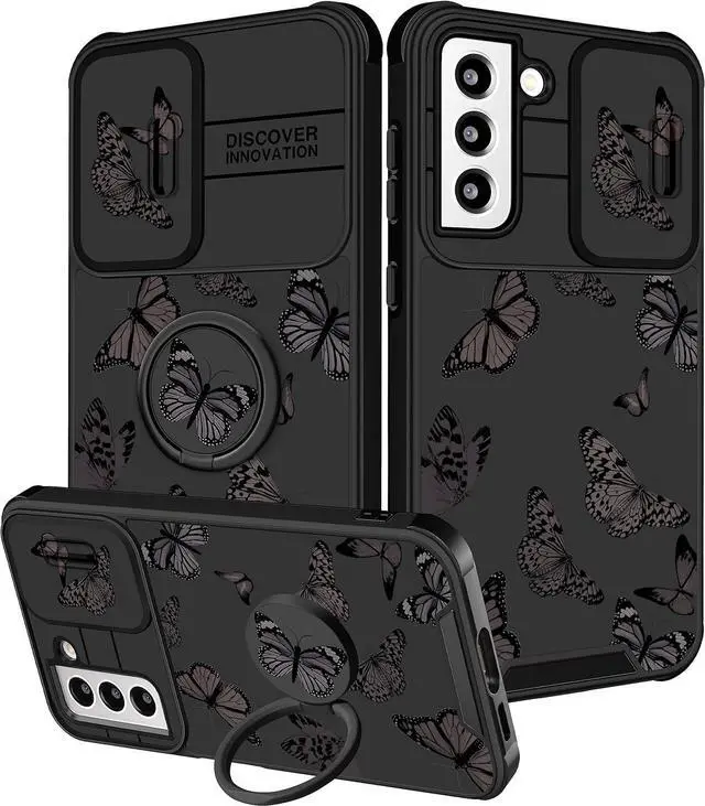 Alt view image 7 of 12 - (2in1 for Samsung Galaxy S21 Case for Women Butterfly Cute Girls Phone Cover Girly Pretty Aesthetic Kawaii Black Butterfly Design with Camera Cover + Ring Stand Funda for Galaxy S21 5G Case