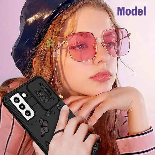 Alt view image 12 of 12 - (2in1 for Samsung Galaxy S21 Case for Women Butterfly Cute Girls Phone Cover Girly Pretty Aesthetic Kawaii Black Butterfly Design with Camera Cover + Ring Stand Funda for Galaxy S21 5G Case