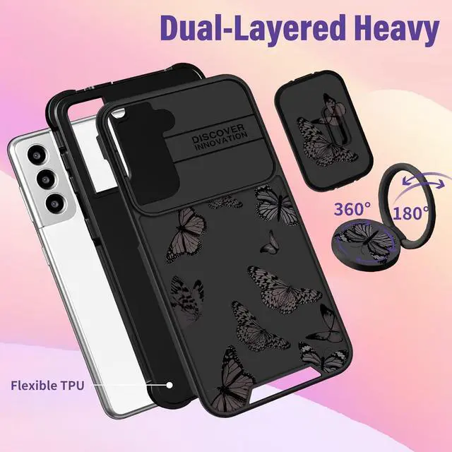 Alt view image 11 of 12 - (2in1 for Samsung Galaxy S21 Case for Women Butterfly Cute Girls Phone Cover Girly Pretty Aesthetic Kawaii Black Butterfly Design with Camera Cover + Ring Stand Funda for Galaxy S21 5G Case