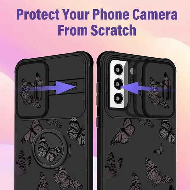 Alt view image 10 of 12 - (2in1 for Samsung Galaxy S21 Case for Women Butterfly Cute Girls Phone Cover Girly Pretty Aesthetic Kawaii Black Butterfly Design with Camera Cover + Ring Stand Funda for Galaxy S21 5G Case