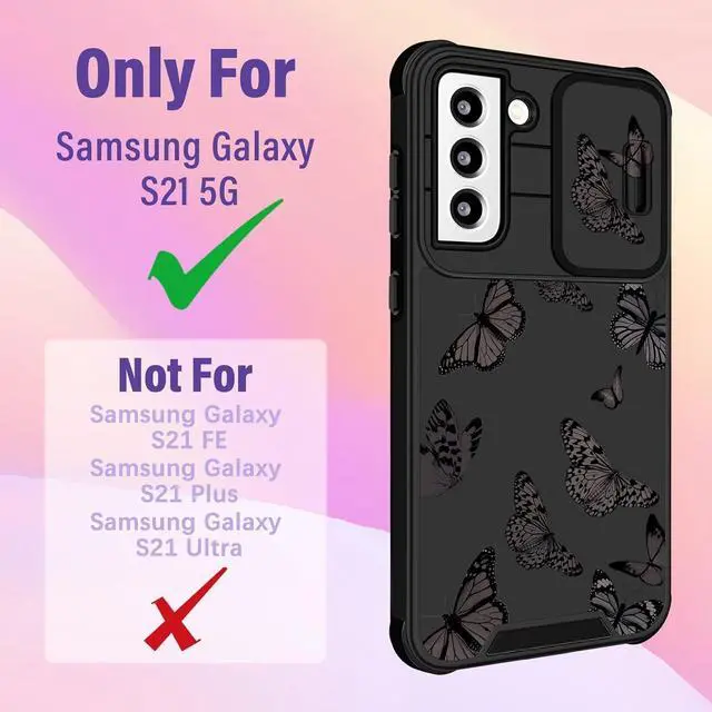 Alt view image 8 of 12 - (2in1 for Samsung Galaxy S21 Case for Women Butterfly Cute Girls Phone Cover Girly Pretty Aesthetic Kawaii Black Butterfly Design with Camera Cover + Ring Stand Funda for Galaxy S21 5G Case