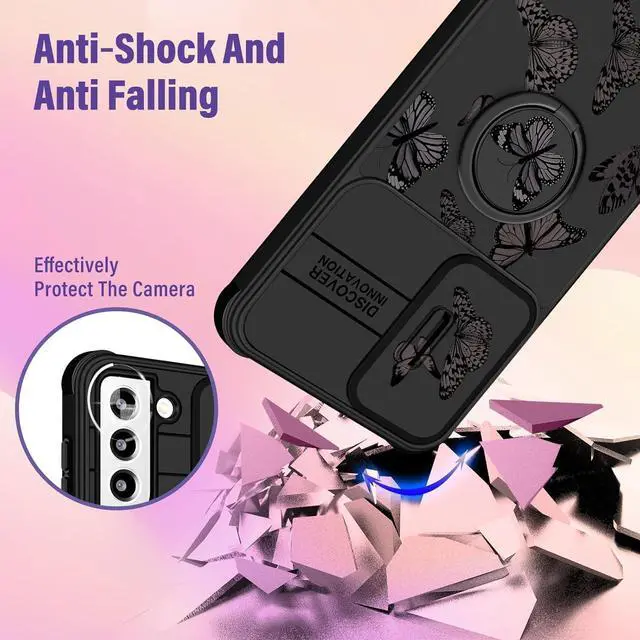 Alt view image 9 of 12 - (2in1 for Samsung Galaxy S21 Case for Women Butterfly Cute Girls Phone Cover Girly Pretty Aesthetic Kawaii Black Butterfly Design with Camera Cover + Ring Stand Funda for Galaxy S21 5G Case