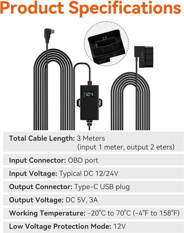Alt view image 8 of 12 - WOLFBOX USB C Hardwire Kit OBD, Hard Wire Car Charger Cable Kit 12V-24V to 5V, Avoid Dash Cam Battery Drain, Suitable for G840S/G930/G840H/G850/G850PRO/X5/X5 DUO/i07/i17/X3 Dash Cam